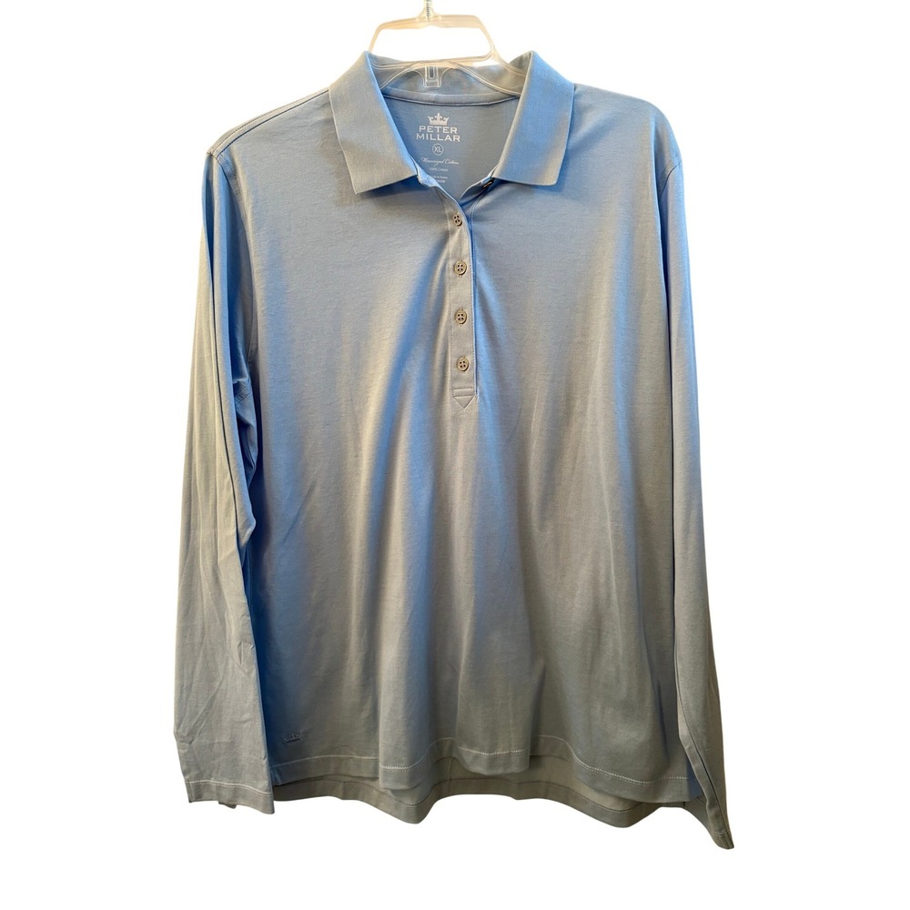 Peter‎ Millar Cotton Long Sleeve Polo Shirt Light Blue Preppy Mens XL
